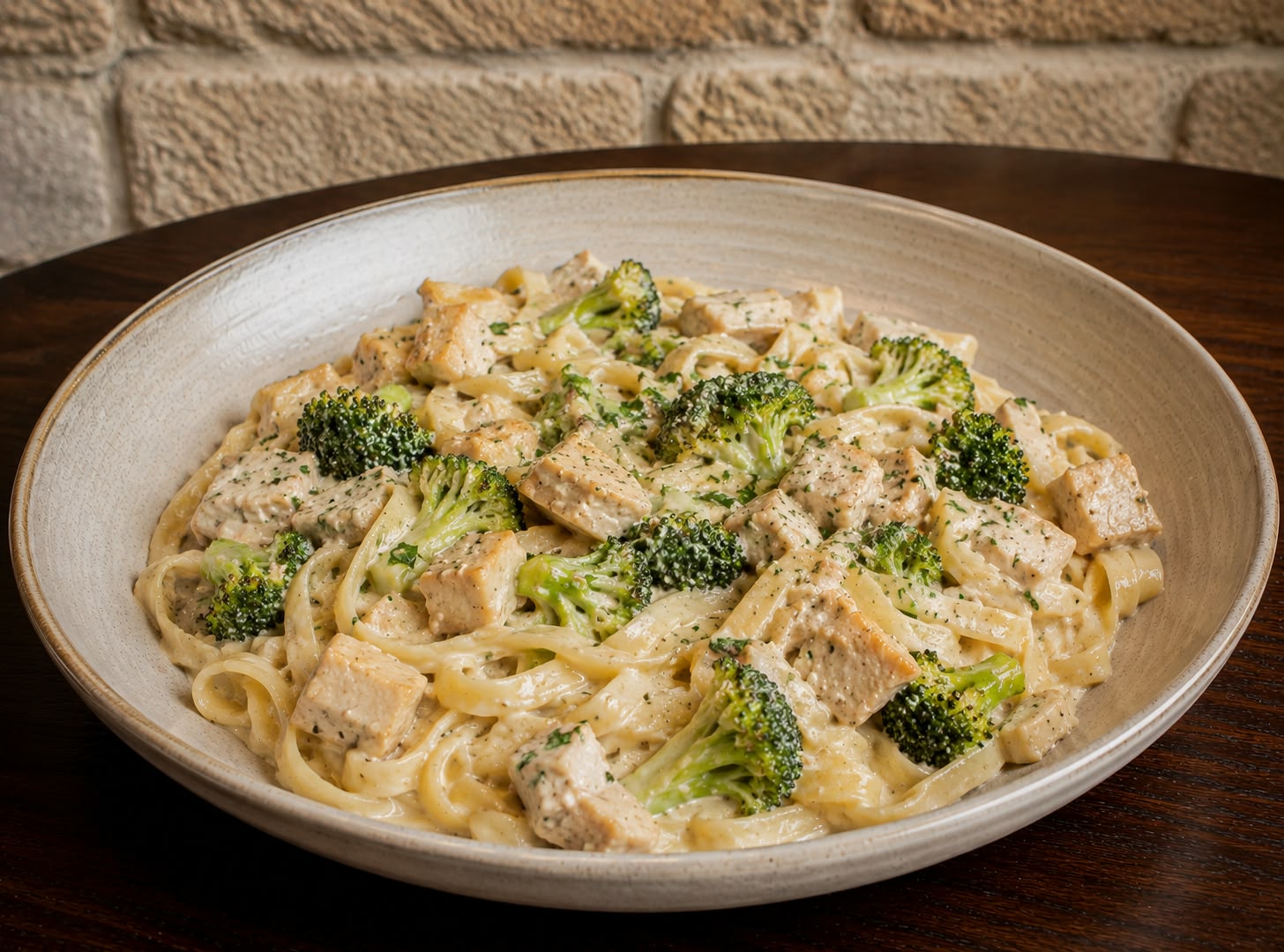 Fetuccini con crema, cubos de pollo y brócoli salteado